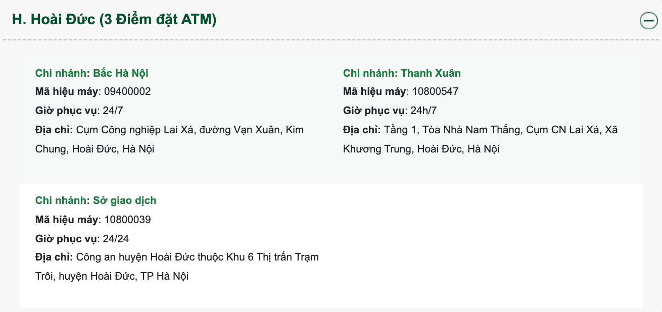Điểm đặt cây ATM Vietcombank huyện Hoài Đức Hà Nội gần nhất. Nguồn: Vietcombank