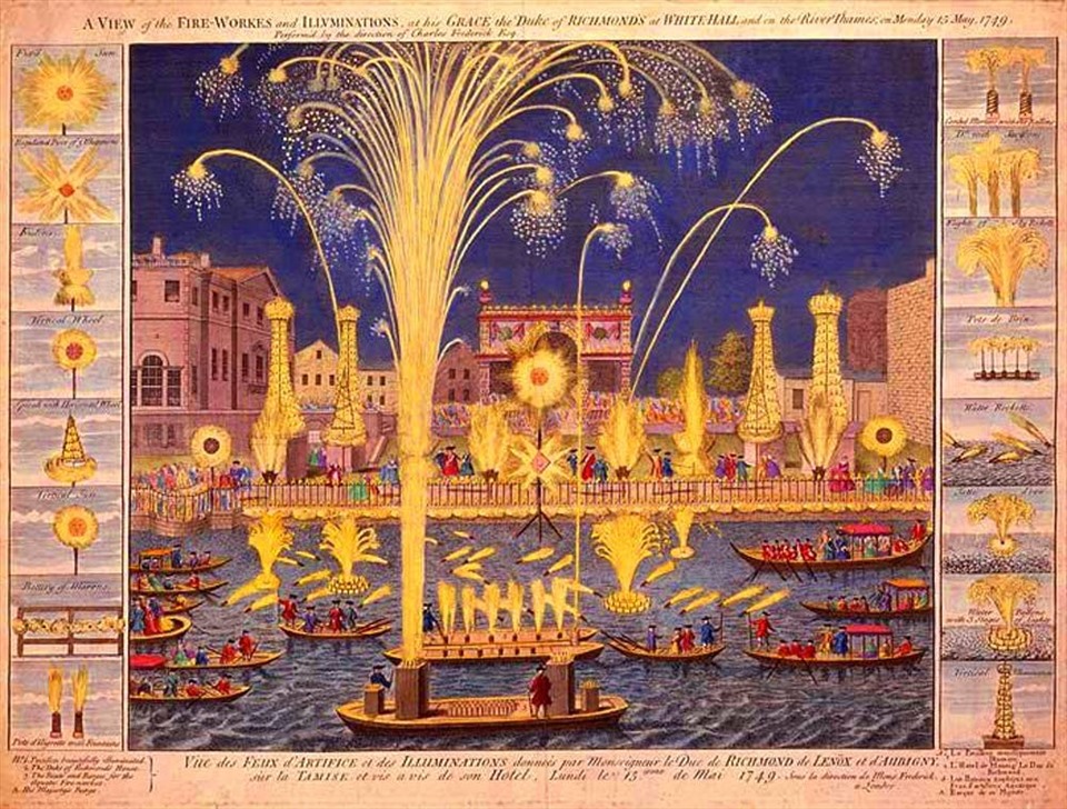 Pháo hoa trên sông Thames năm 1749. Ảnh chụp màn hình