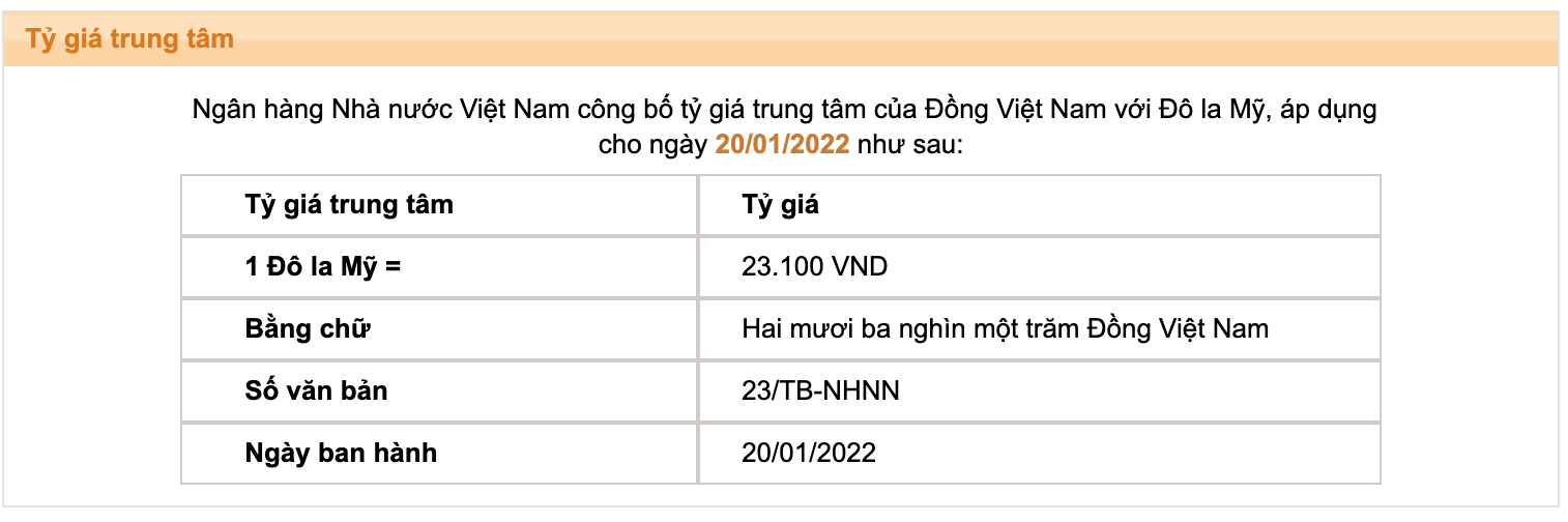 Tỷ giá trung tâm của Đồng Việt Nam với Đô la Mỹ do Ngân hàng Nhà nước công bố