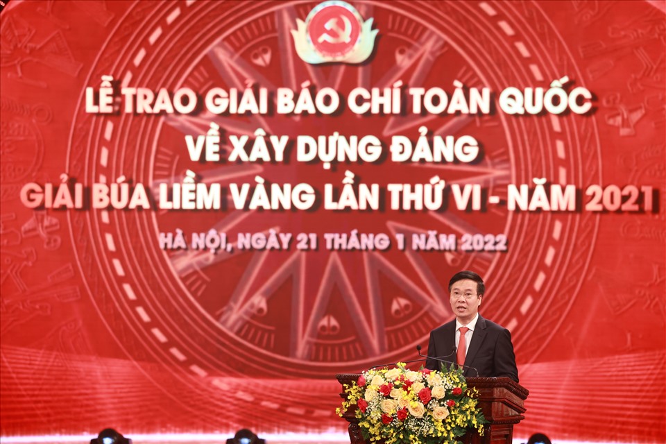 Uỷ viên Bộ Chính trị, Thường trực Ban Bí thư Võ Văn Thưởng phát biểu tại lễ trao giải. Ảnh: Hải Nguyễn