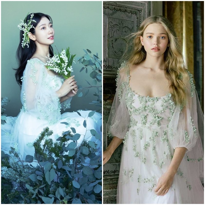 Một thiết kế khác mang cảm hứng thiên nhiên đến từ Monique Lhuillier được Park Shin Hye lựa chọn. Đầm cưới “Wildflower” nằm trong bộ sưu tập mùa xuân 2022, nổi bật với phần họa tiết đính hoa kết hợp vải voan tạo cảm giác thơ mộng, thần tiên có giá 9.900 USD (224 triệu đồng). Ảnh: CMH.