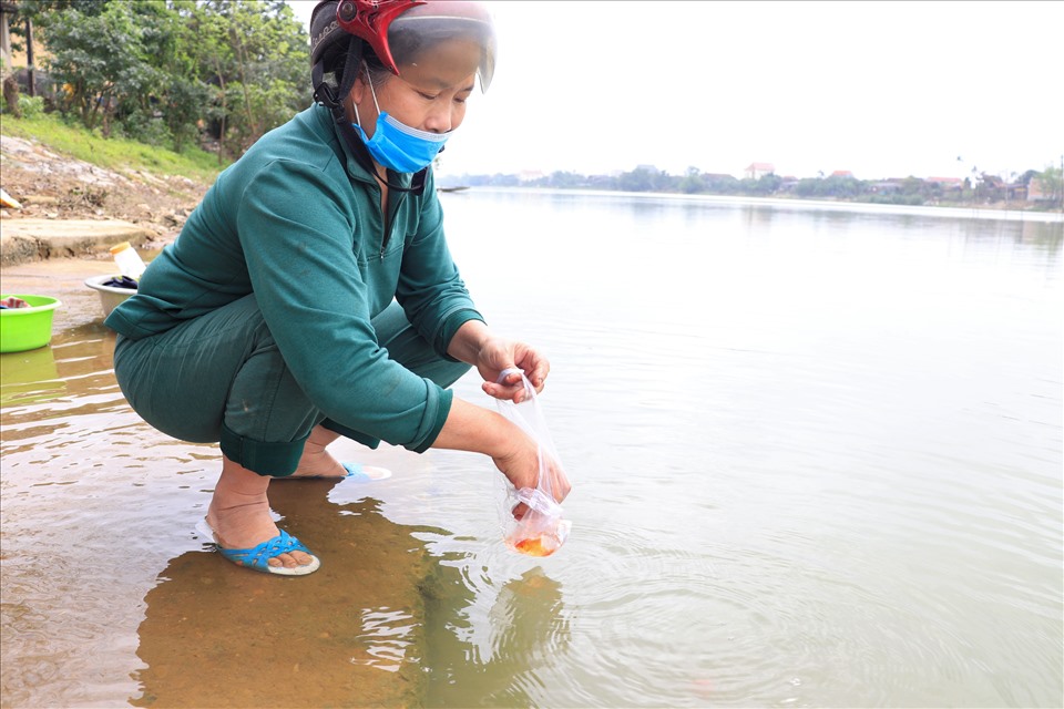 Vì tình hình dịch bệnh những ngày cuối năm tại tỉnh Quảng Bình vẫn đang diễn biến phức tạp, vậy nên người dân cũng rất cẩn thận, luôn đeo khẩu trang và thường thả cá từng người một. Ảnh: H.L