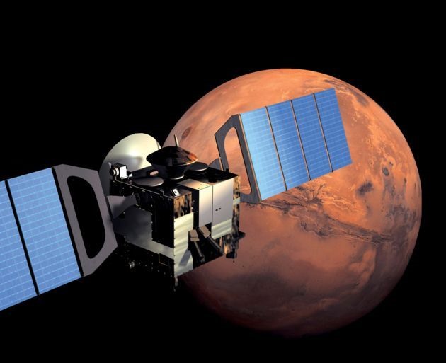 Tàu Mars Express của ESA đang bay vòng quanh sao Hỏa, nhằm mục đích xác định các loại khí trong bầu khí quyển hành tinh. Ảnh: ESA