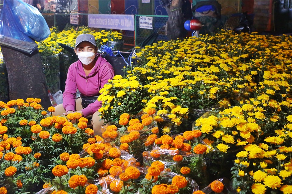 Chị Tú đã có nhiều năm bán hoa ở chợ hoa trên đường Tạ Quang Bửu. Những ngày cận Tết, chị và người thân thay nhau canh hoa vào buổi tối.