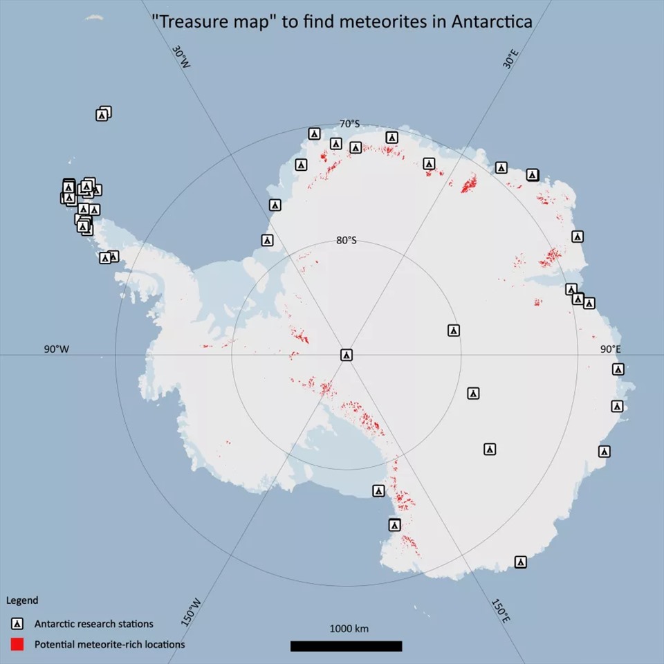 “Bản đồ kho báu” mới được tạo ra với sự hỗ trợ của một chương trình AI, nhằm mục đích tìm kiếm thiên thạch ở Nam Cực. Ảnh: Veronica Tollenaar