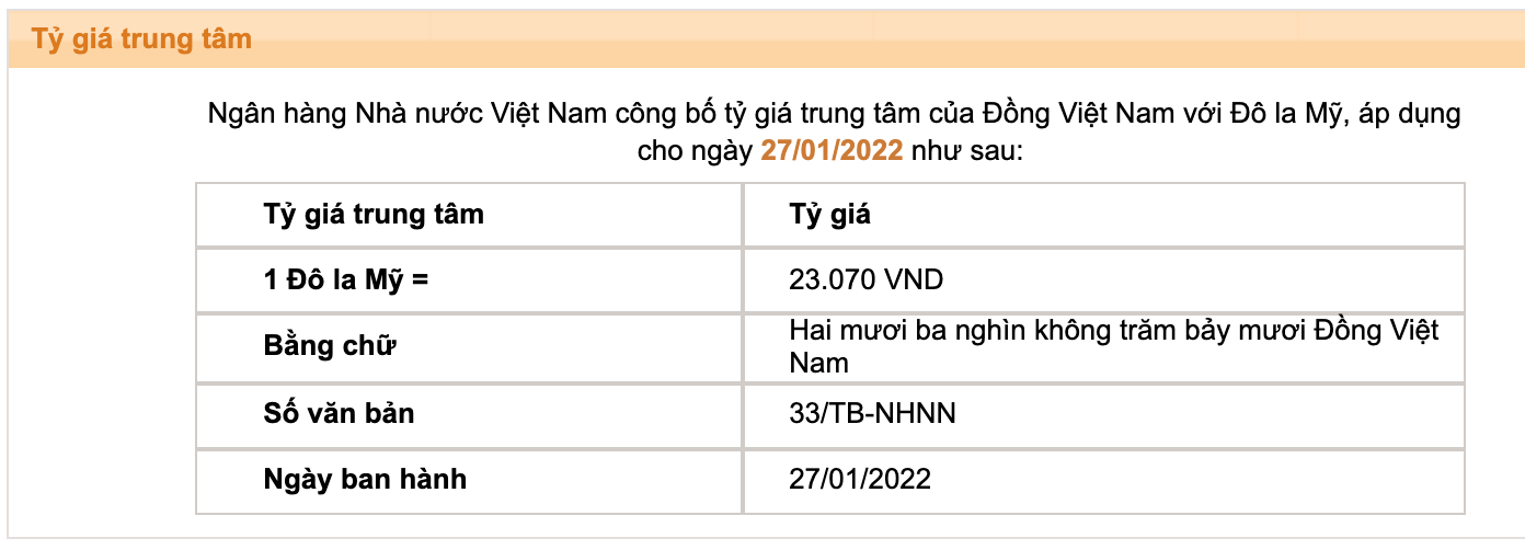 Tỷ giá trung tâm của Đồng Việt Nam với Đô la Mỹ do Ngân hàng Nhà nước công bố