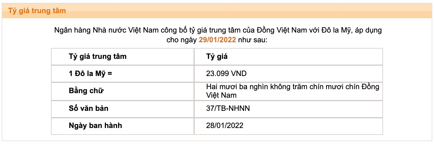 Tỉ giá trung tâm của Đồng Việt Nam với Đô la Mỹ do Ngân hàng Nhà nước công bố