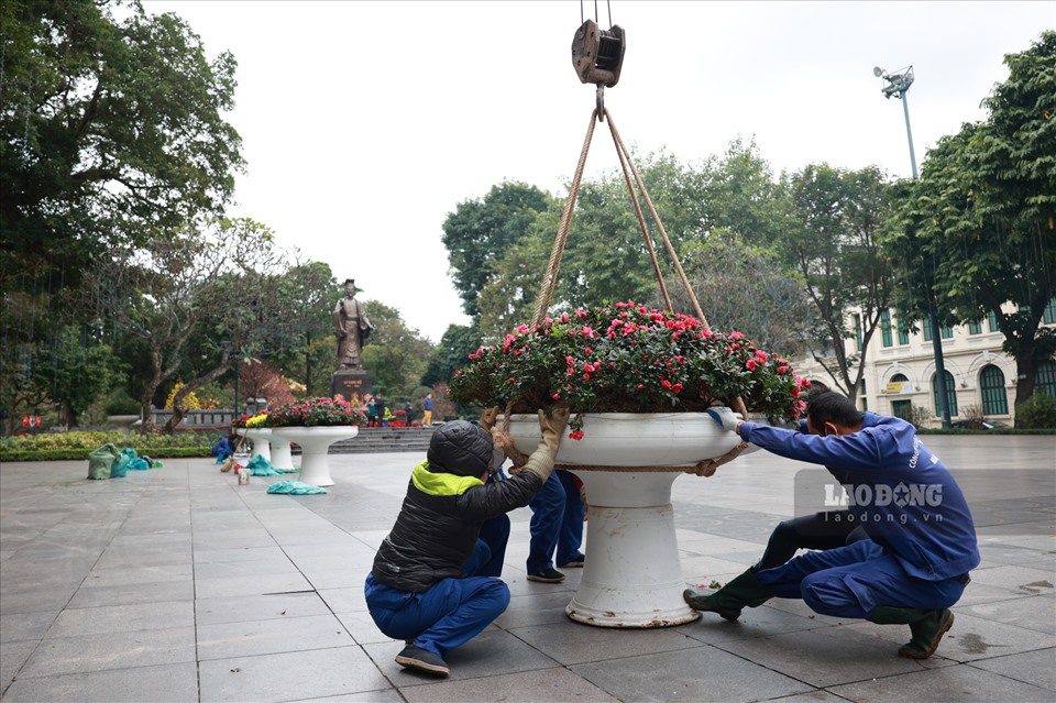 Công nhân bổ sung thêm hoa, chậu cây tại vườn hoa Lý Thái Tổ.