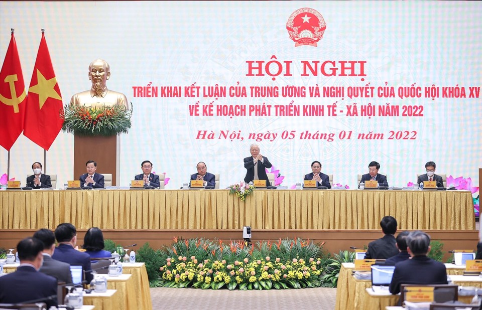 Tổng Bí thư Nguyễn Phú Trọng và các vị lãnh đạo Đảng, Nhà nước dự hội nghị. Ảnh Hải Nguyễn