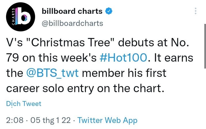 Billboard chart thông báo ca khúc “Christmas Tree” do V (BTS) thể hiện đã debut tại vị trí số 79 trên bảng xếp hạng Billbroad Hot 100. Ảnh chụp màn hình