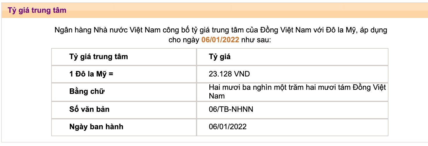 Tỷ giá trung tâm do Ngân hàng Nhà nước công bố