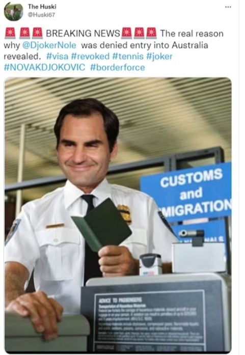 Sự hài hước được thể hiện với hình ảnh Roger Federer là người từ chối cho Nole nhập cảnh.