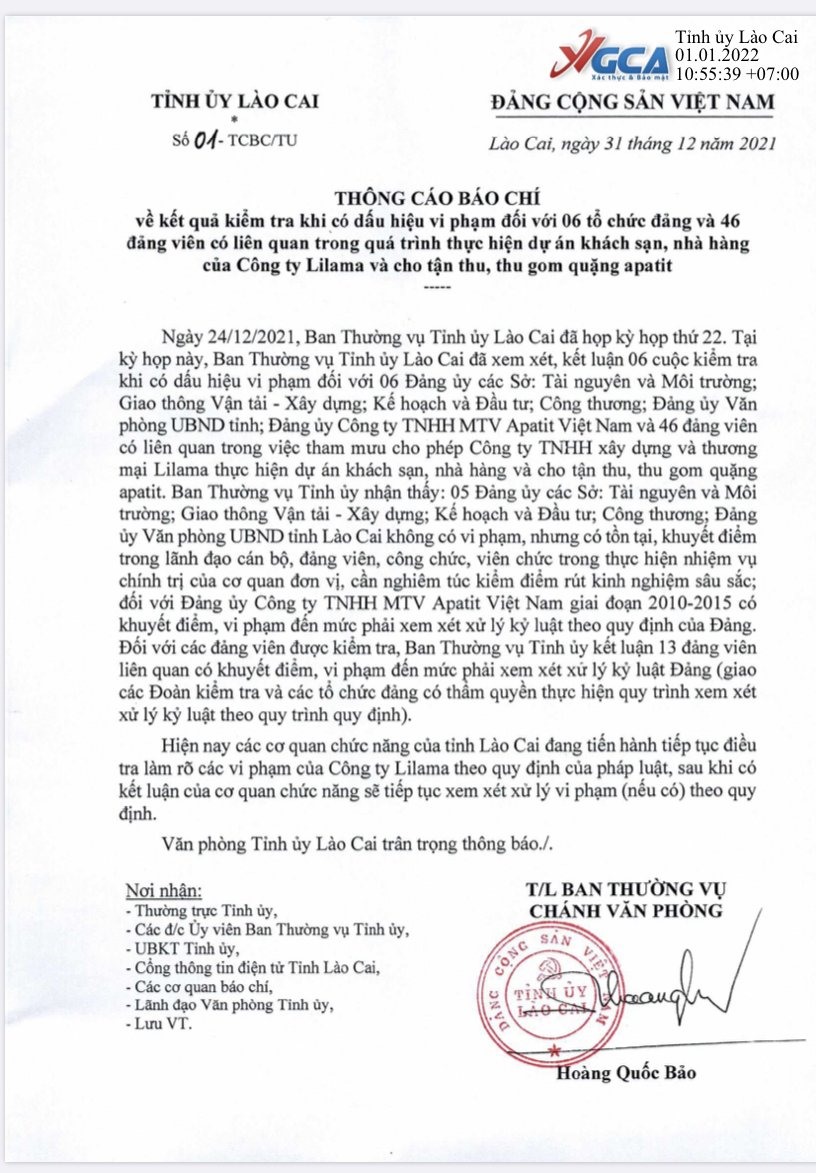 Thông cáo của Tỉnh ủy Lào Cai. Ảnh: Cổng thông tin Lào Cai.