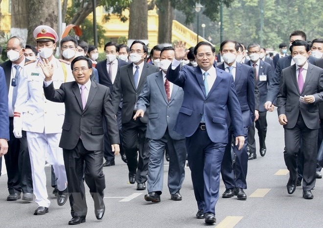 Thủ tướng Phạm Minh Chính và Thủ tướng Lào hội đàm. Ảnh: TTXVN