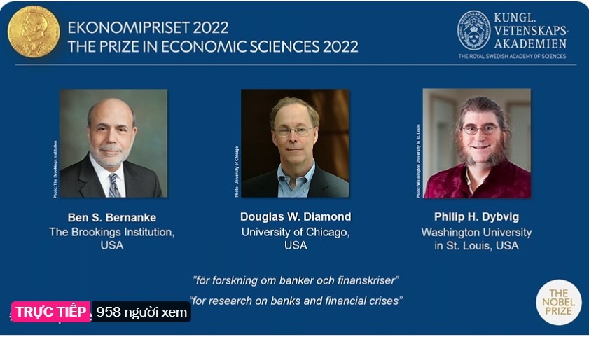 Nobel Kinh tế 2022 vinh danh 3 nhà khoa học Mỹ Ben S. Bernanke, Douglas W. Diamond và Philip H. Dybvig. Ảnh chụp màn hình
