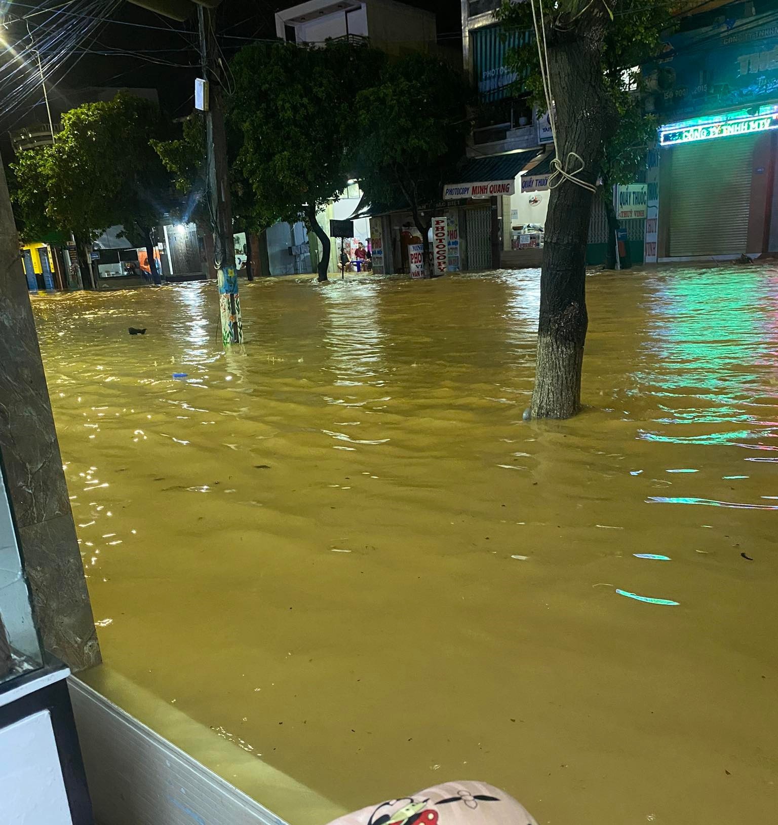Nhà dân ở trung tâm huyện Nghĩa Hành ngập nặng, đường bộ biến thành sông. Ảnh: Quỳnh Như