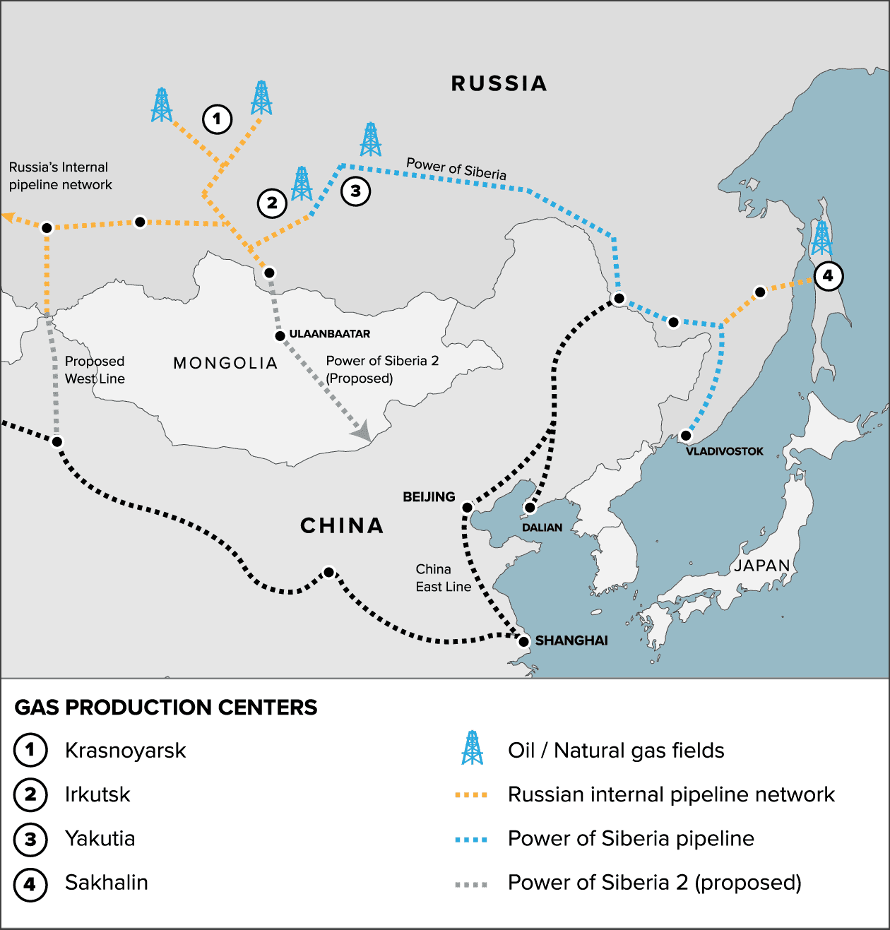 Bản đồ đường ống dẫn khí khổng lồ giữa Nga và Trung Quốc. Ảnh chụp màn hình
