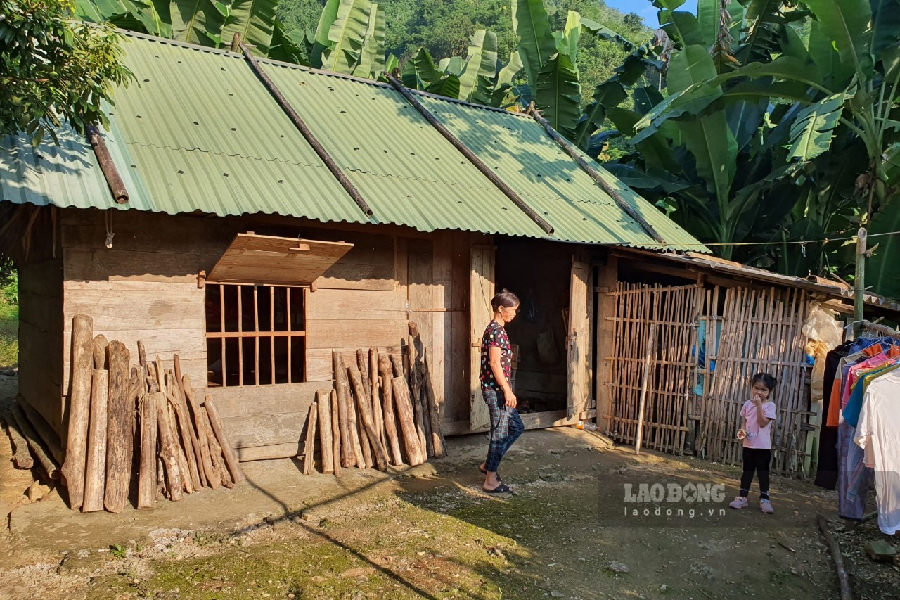 Căn nhà bà Bùi Thị Nguôn dựng tạm bằng ván gỗ để cho các cháu tiện đi học hằng ngày.