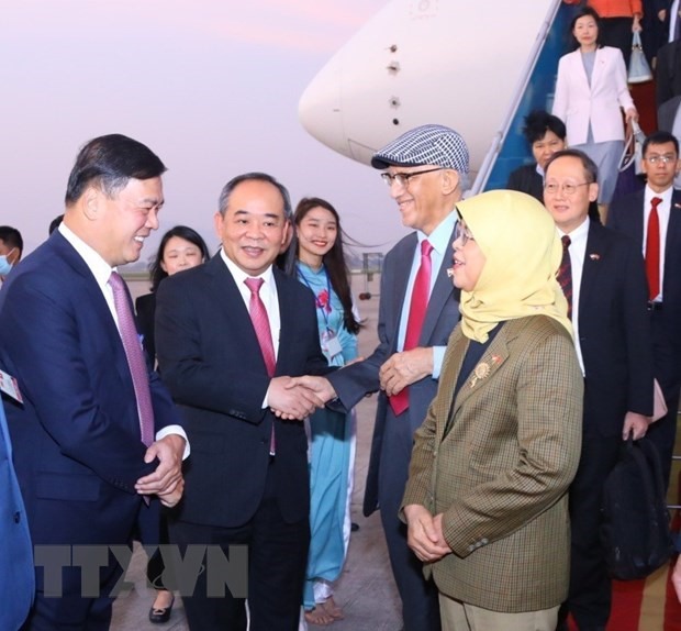 Chủ nhiệm Văn phòng Chủ tịch nước Lê Khánh Hải và Đại sứ Việt Nam tại Singapore Mai Phước Dũng đón Tổng thống Singapore Halimah Yacob và Phu quân tại Sân bay Quốc tế Nội Bài, Hà Nội. Ảnh: TTXVN