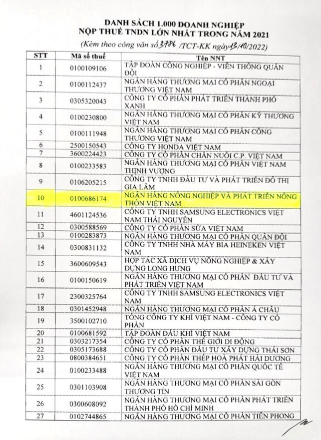 Agribank - Top 10 danh sách V1000 doanh nghiệp nộp thuế lớn nhất năm 2021. Nguồn: Tổng cục thuế