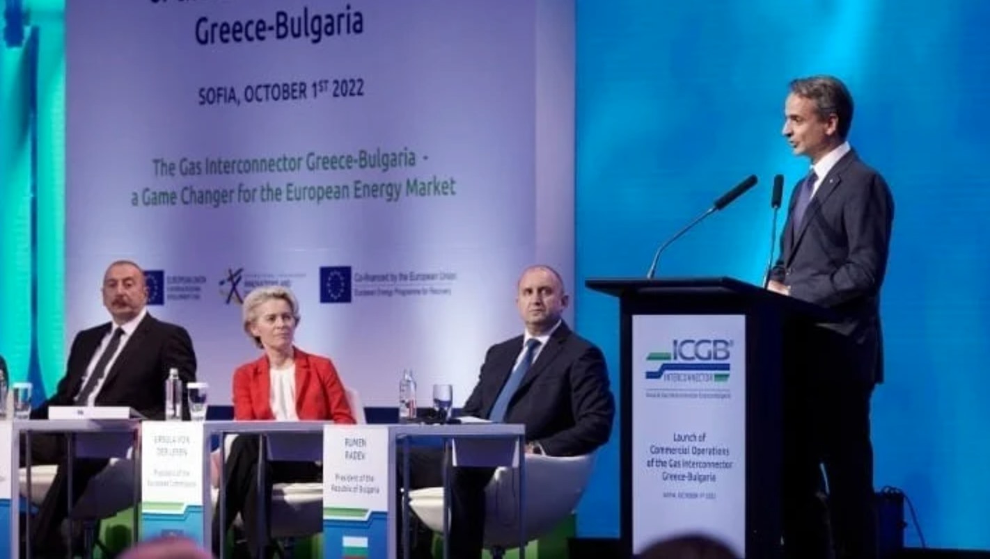 Thủ tướng Hy Lạp Kyriakos Mitsotakis phát biểu tại buổi lễ khánh thành đường ống dẫn khí Hy Lạp-Bulgaria. Ảnh: Văn phòng báo chí Thủ tướng Hy Lạp