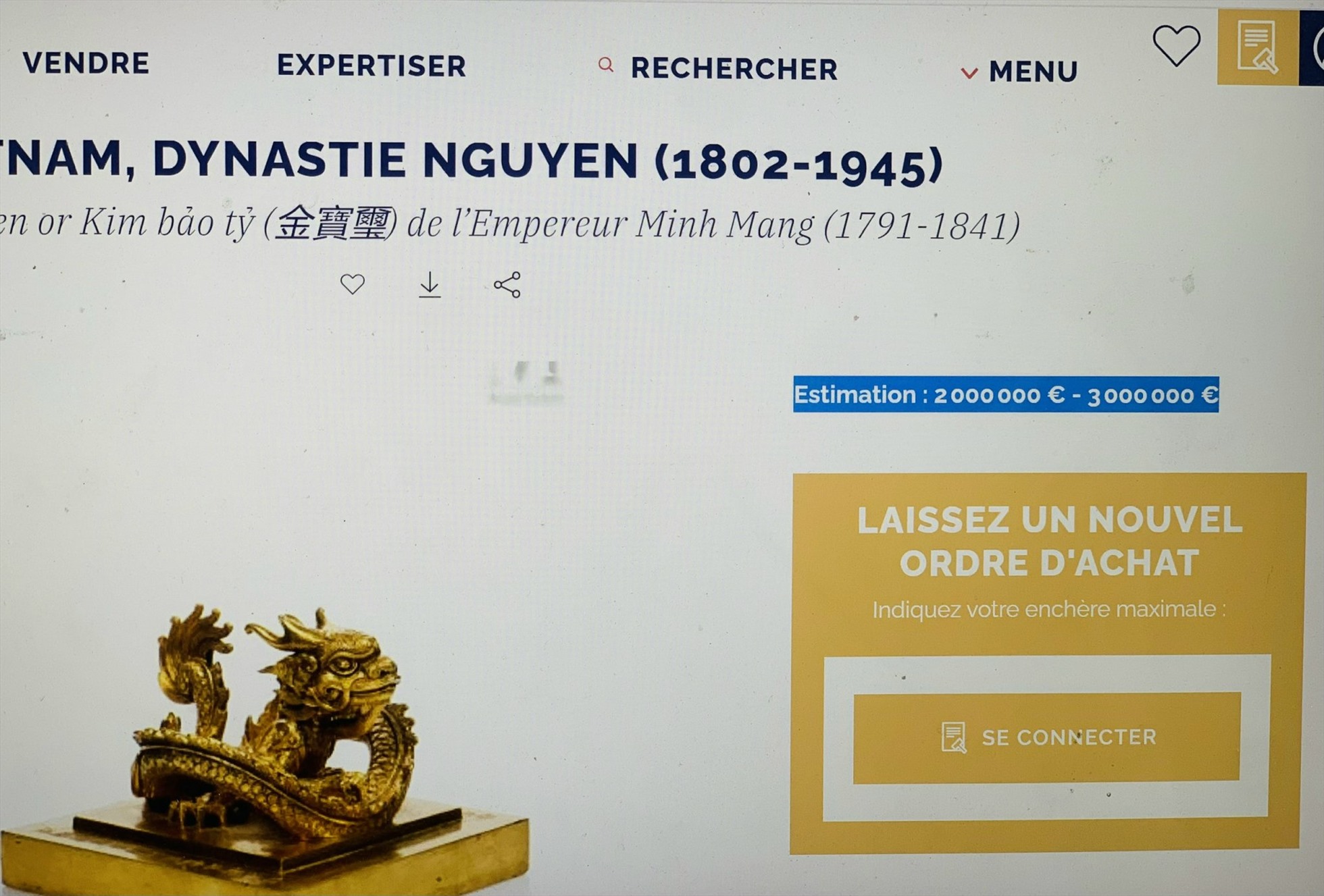 Ấn vàng triều Nguyễn đang được đấu giá với “giá mong muốn” từ 2-3 triệu Euro. Ảnh H.V. M chụp từ trang MILLON