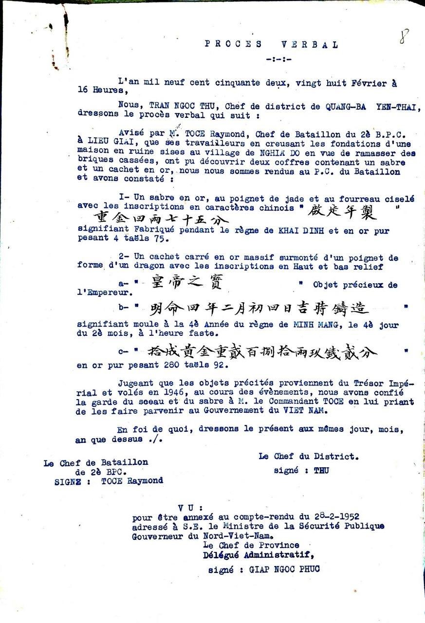 Biên bản bàn giao hai bảo vật từ sĩ quan Toce Raymond, Tiểu đoàn trưởng Tiểu đoàn 2 B.P.C, cho ông Trần Ngọc Thu/Thụ/Thư (?), Tri huyện Quảng Bạ, Yên Thái, lập vào ngày 28.2.1952. Ảnh: T.Đ.A.S