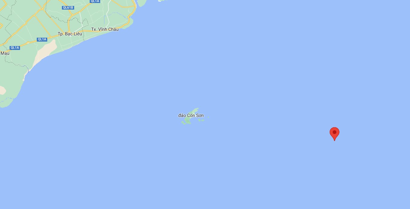 Vị trí (thả gim) tàu cá bị chìm. Ảnh chụp Google Maps
