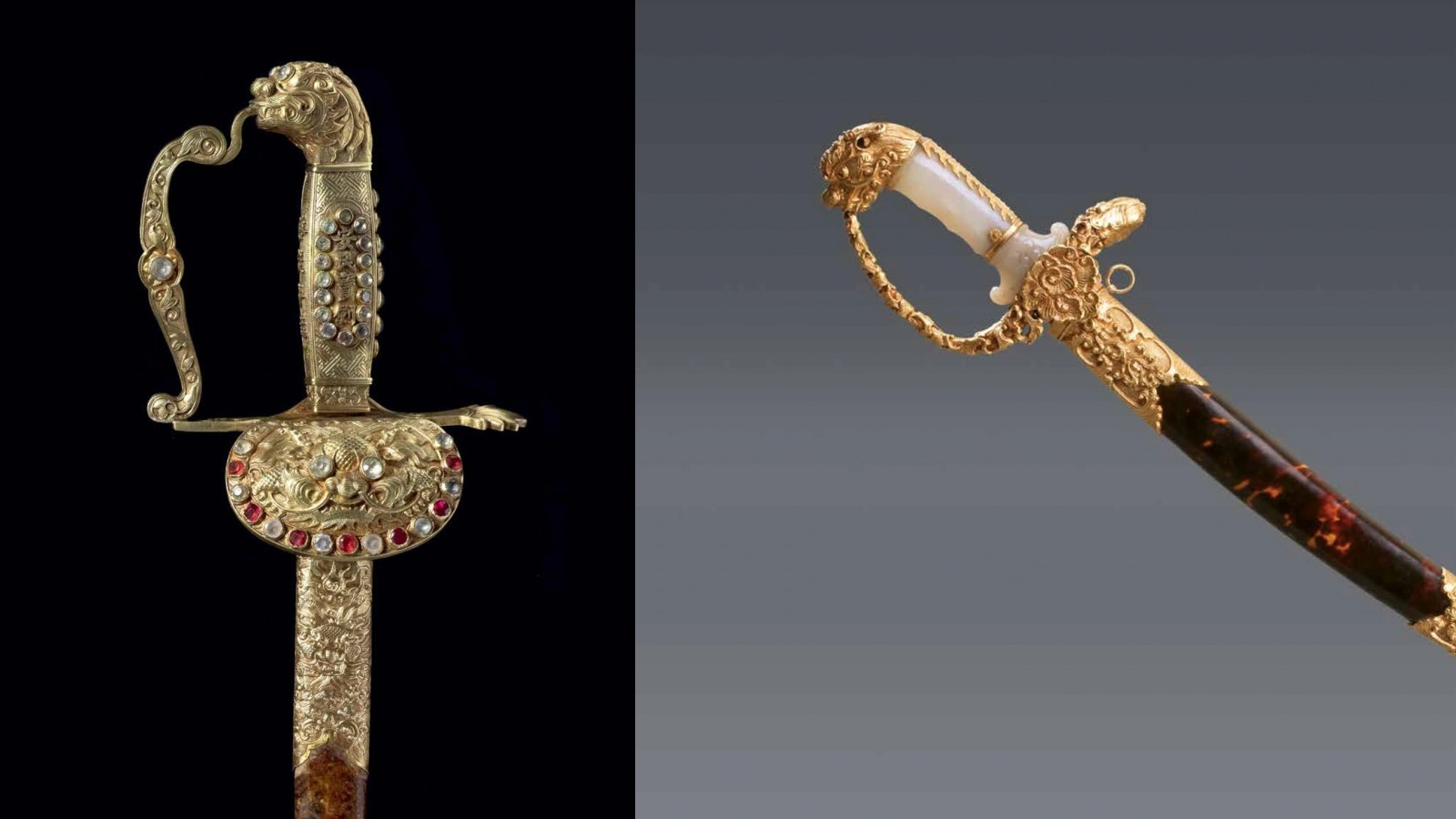 Thanh kiếm An dân bảo kiếm (trái) là bảo vật quý, có giá trị mà bảo tàng lịch sử lưu giữ. Ngoài ra, các thanh kiếm khác có chuôi bọc ngọc vàng hoặc chuôi ngà. Ảnh: BT