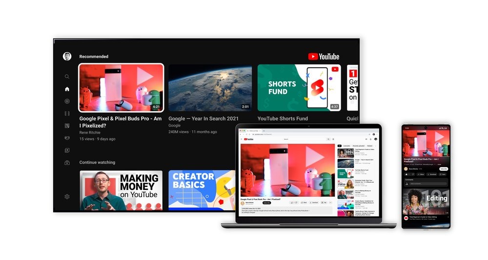 Giao diện người dùng được thiết kế lại của YouTube hiển thị trên TV, máy tính xách tay và điện thoại. Ảnh: YouTube