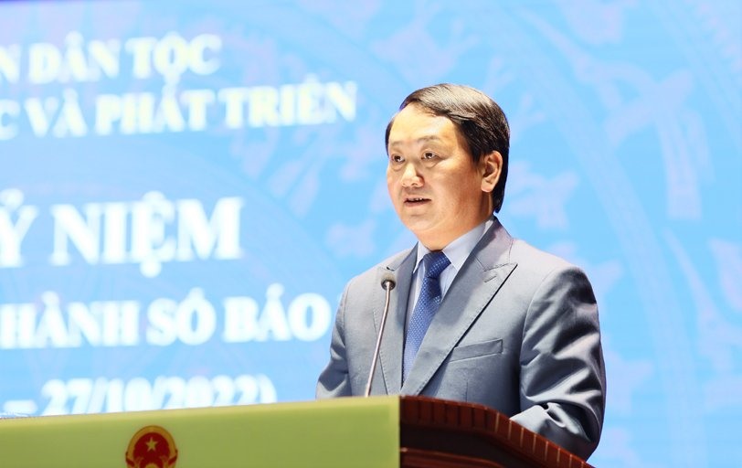 Bộ trưởng, Chủ nhiệm Uỷ ban Dân tộc Hầu A Lềnh phát biểu tại Lễ kỷ niệm.