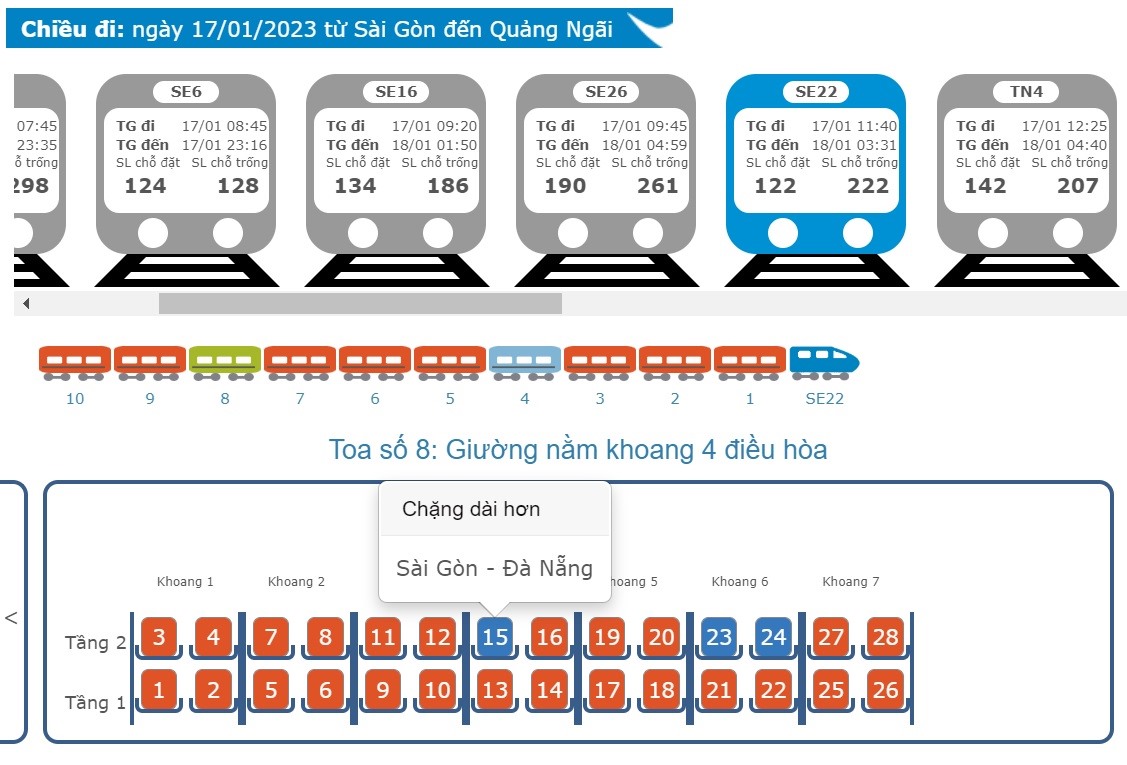 Khách muốn mua vé tàu về Quảng Ngãi nhưng hệ thống gợi ý khách mua vé tàu về Đà Nẵng.  Ảnh: M.Q