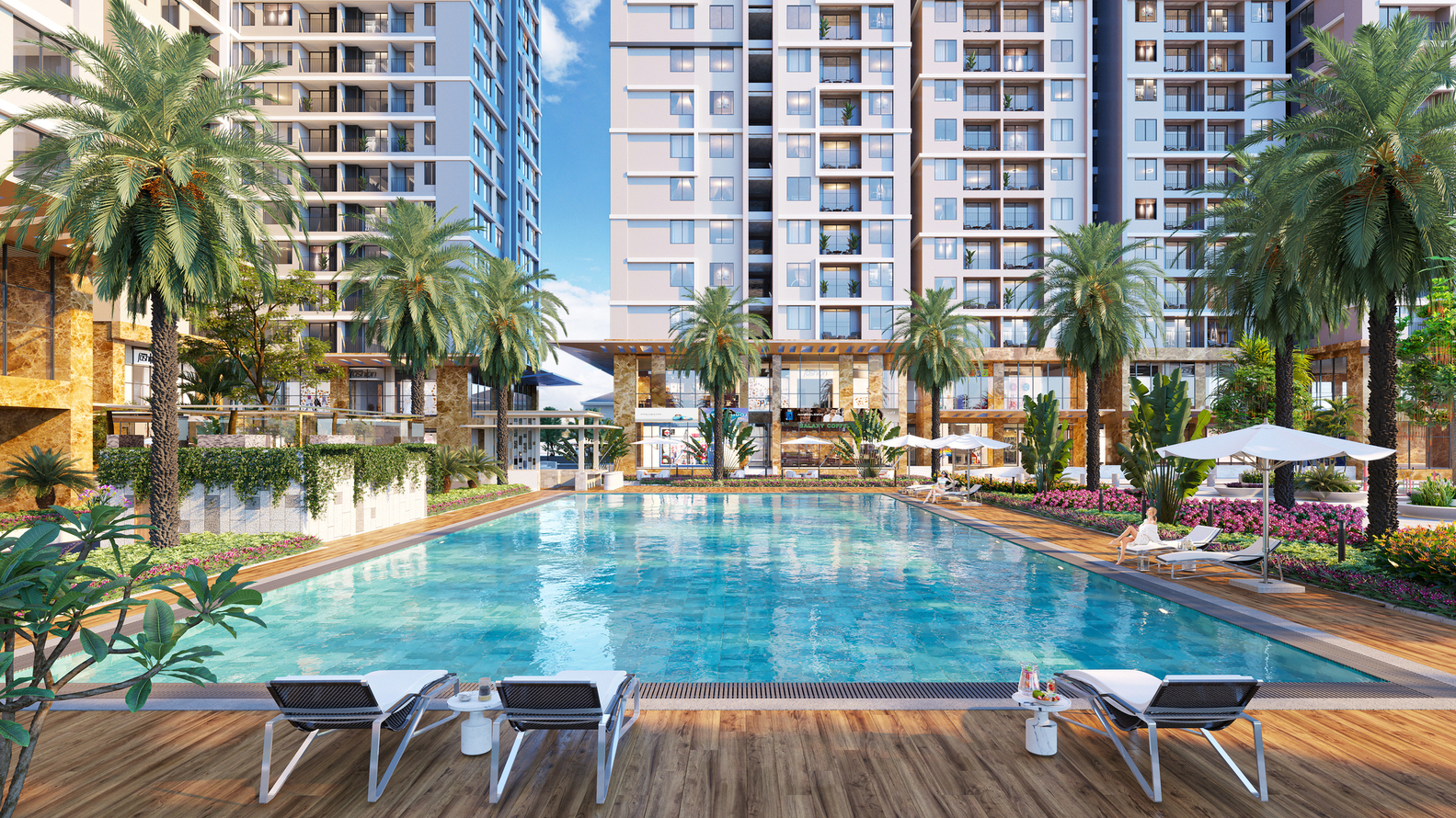Khu vực hồ bơi rộng hơn 800m2 của dự án