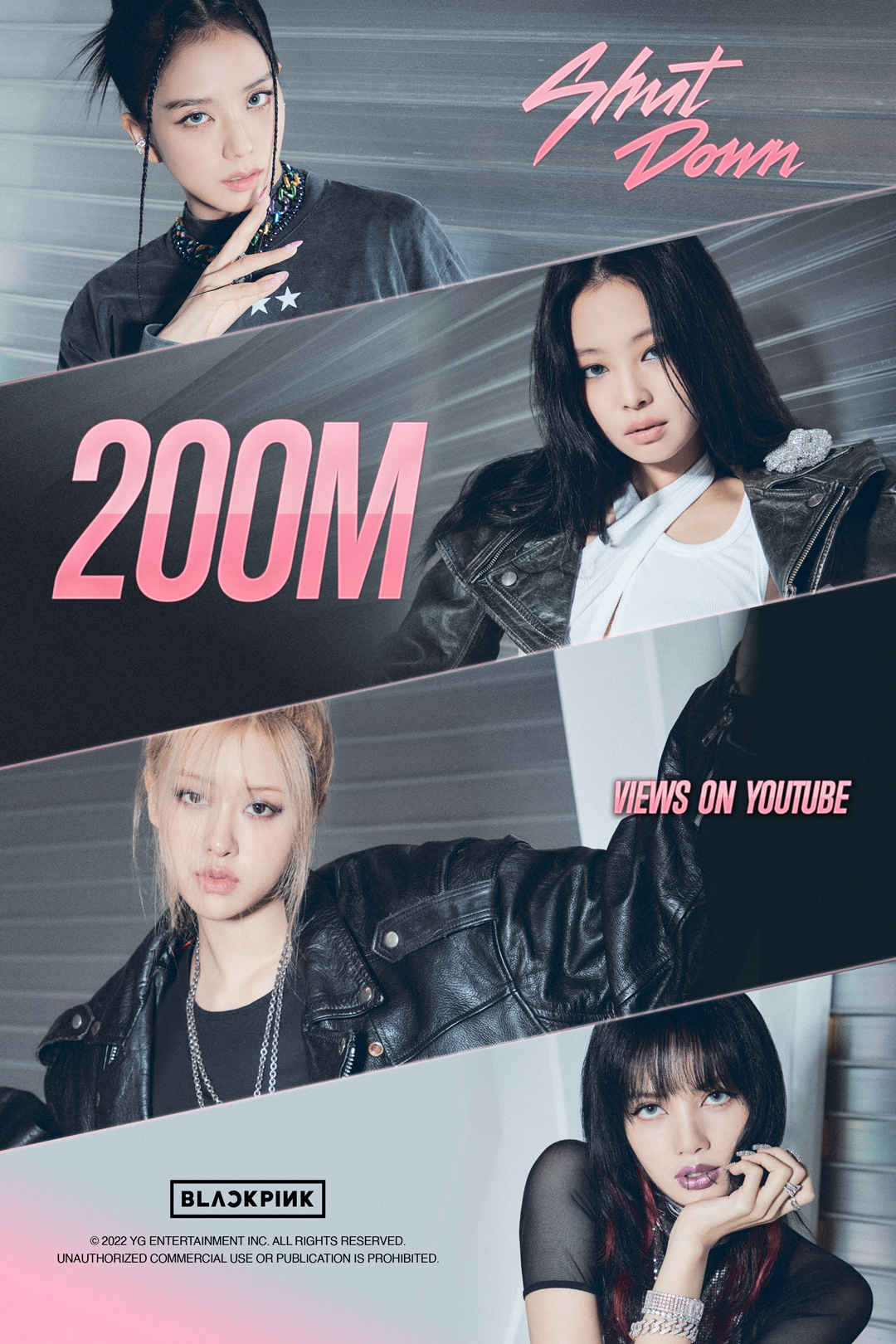 Poster chúc mừng MV “Shut Down” của Blackpink đạt mốc 200 triệu lượt xem. Ảnh: @ygent_official