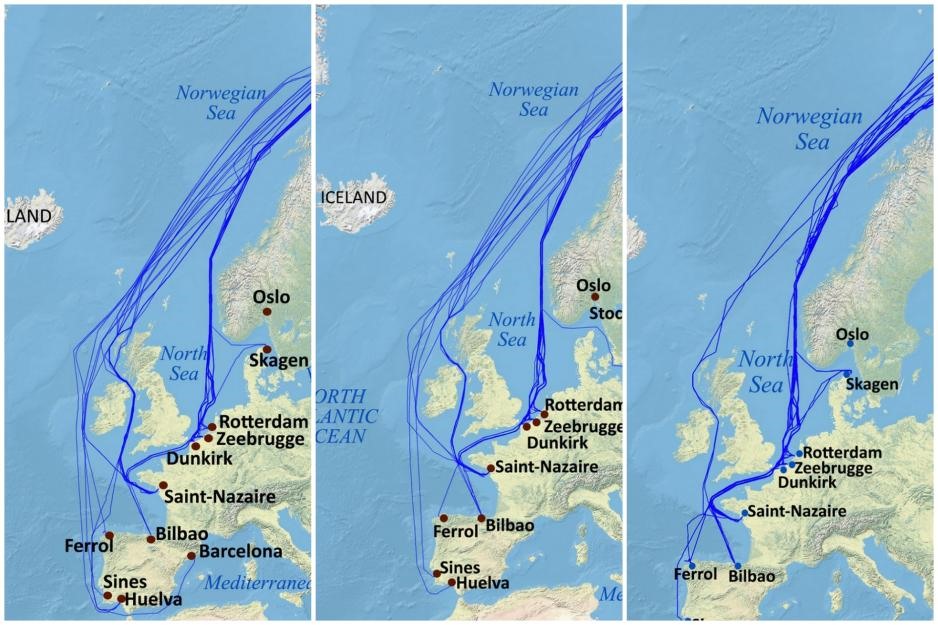 Nhập khẩu LNG từ Bắc Cực của Nga đến Châu Âu trong các tháng 3, 4 và 5 năm 2022. Mỗi dòng đại diện cho một chuyến đi riêng của một tàu chở LNG đi đến các bến ở Châu Âu. (Nguồn: Trung tâm Hậu cần Cao Bắc CHNL)