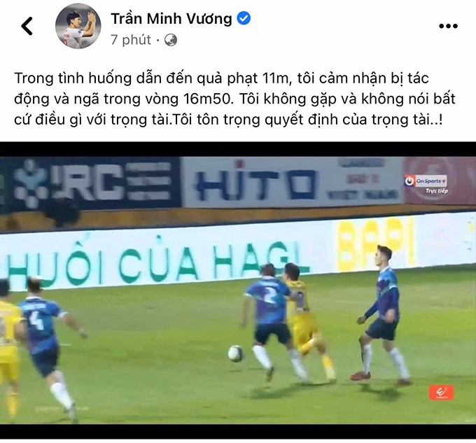 Dòng trạng thái của tiền vệ Minh Vương sau trận đấu. Ảnh: CMH