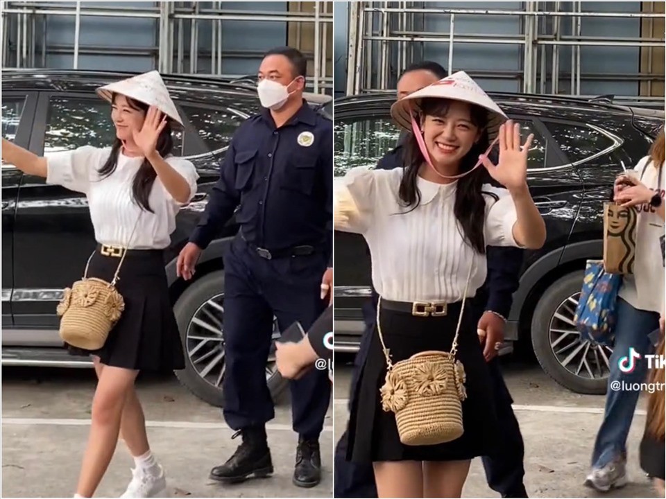 Nữ diễn viên đội nón lá, đeo túi do fan Việt tặng. Ảnh: Tiktok