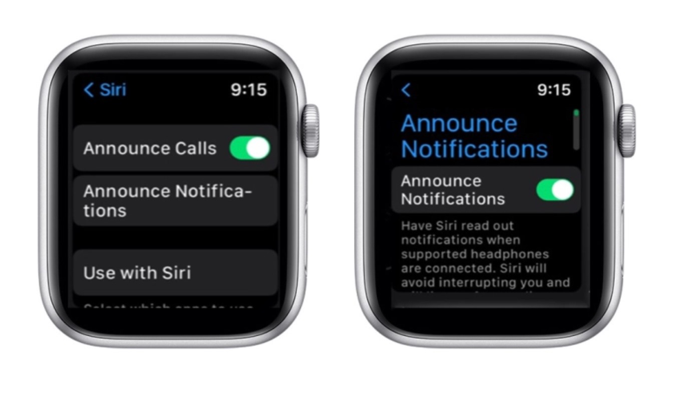 Trợ lý ảo Siri có thể đọc thông báo cho người dùng Apple Watch qua tai nghe không dây. Ảnh chụp màn hình