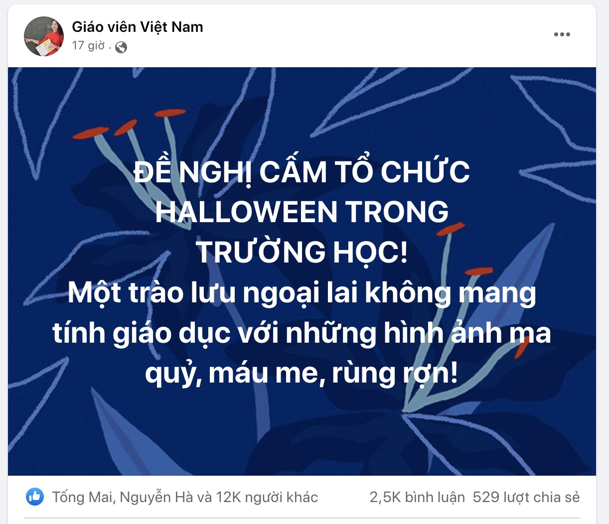 Fanpage Giáo viên Việt Nam đề nghị cấm tổ chức lễ hội Hallowen trong trường học, ý kiến này đã nhận được sự đồng tình của rất nhiều phụ huynh.