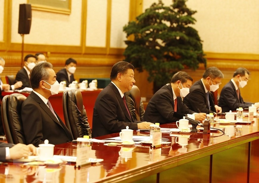 Cuộc gặp giữa Tổng Bí thư Nguyễn Phú Trọng và Tổng Bí thư, Chủ tịch Trung Quốc Tập Cận Bình là cuộc gặp trực tiếp đầu tiên giữa Tổng Bí thư hai Đảng sau 5 năm, kể từ tháng 11.2017. Ảnh: TTXVN