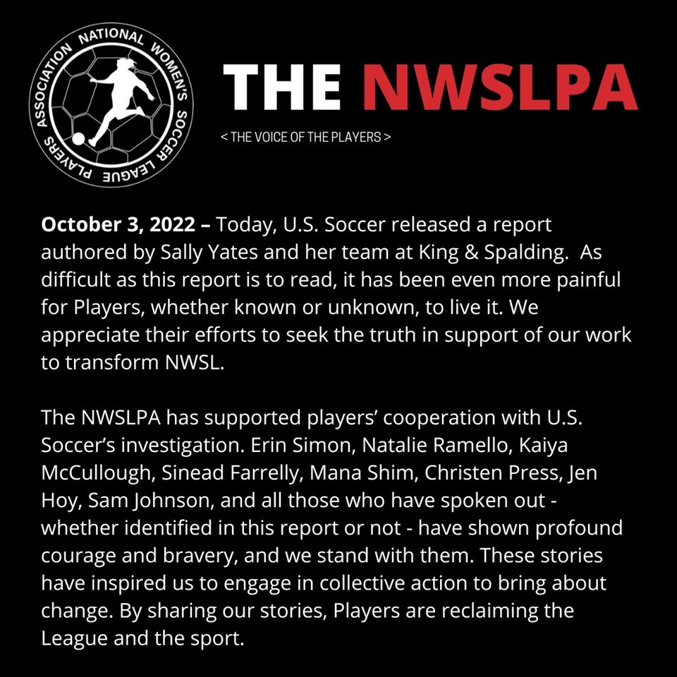 Thông báo của Hiệp hội bóng đá nữ Mỹ về cuộc điều tra. Ảnh: NWSLPA