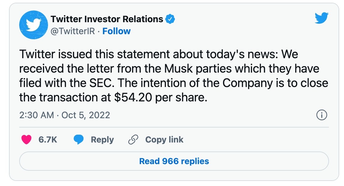 Thông báo của Twitter về việc tiếp tục thương vụ với Elon Musk. Ảnh chụp màn hình
