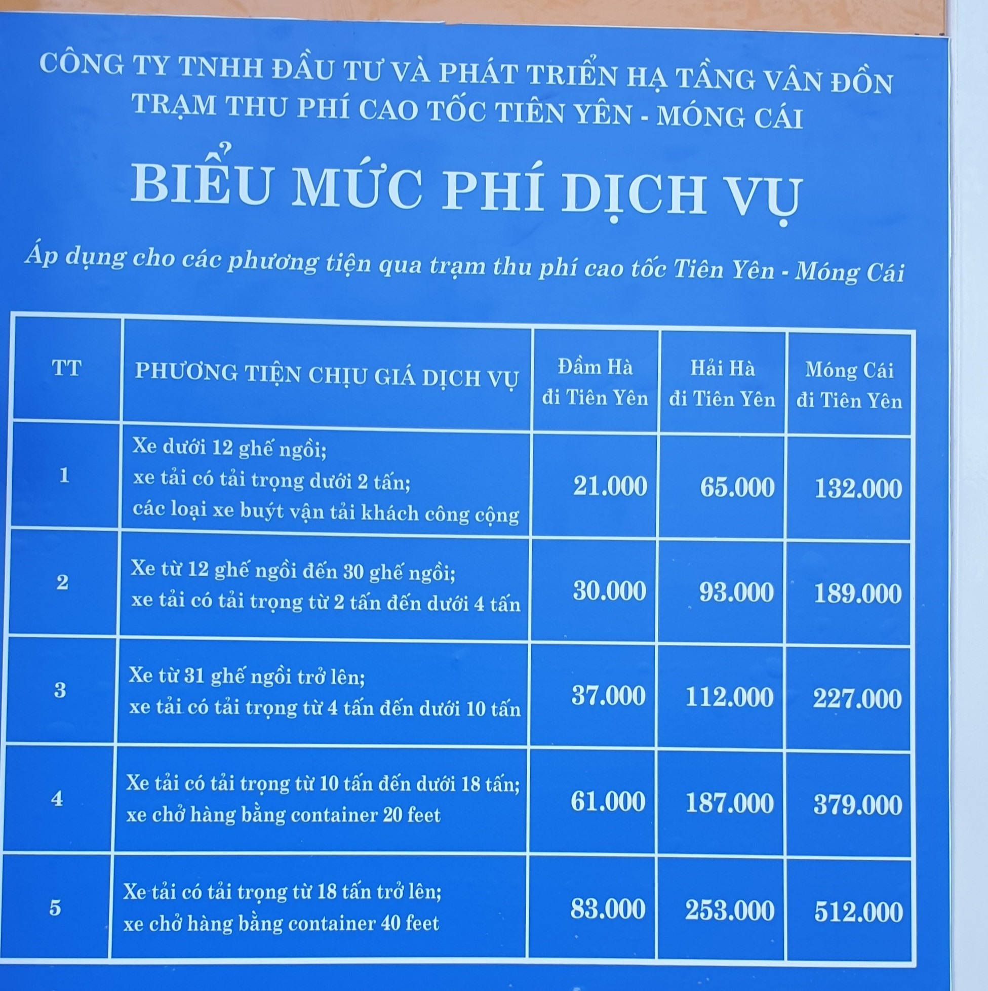 Bảng phí cao tốc Tiên Yên - Móng Cái. Ảnh: Nguyễn Hùng