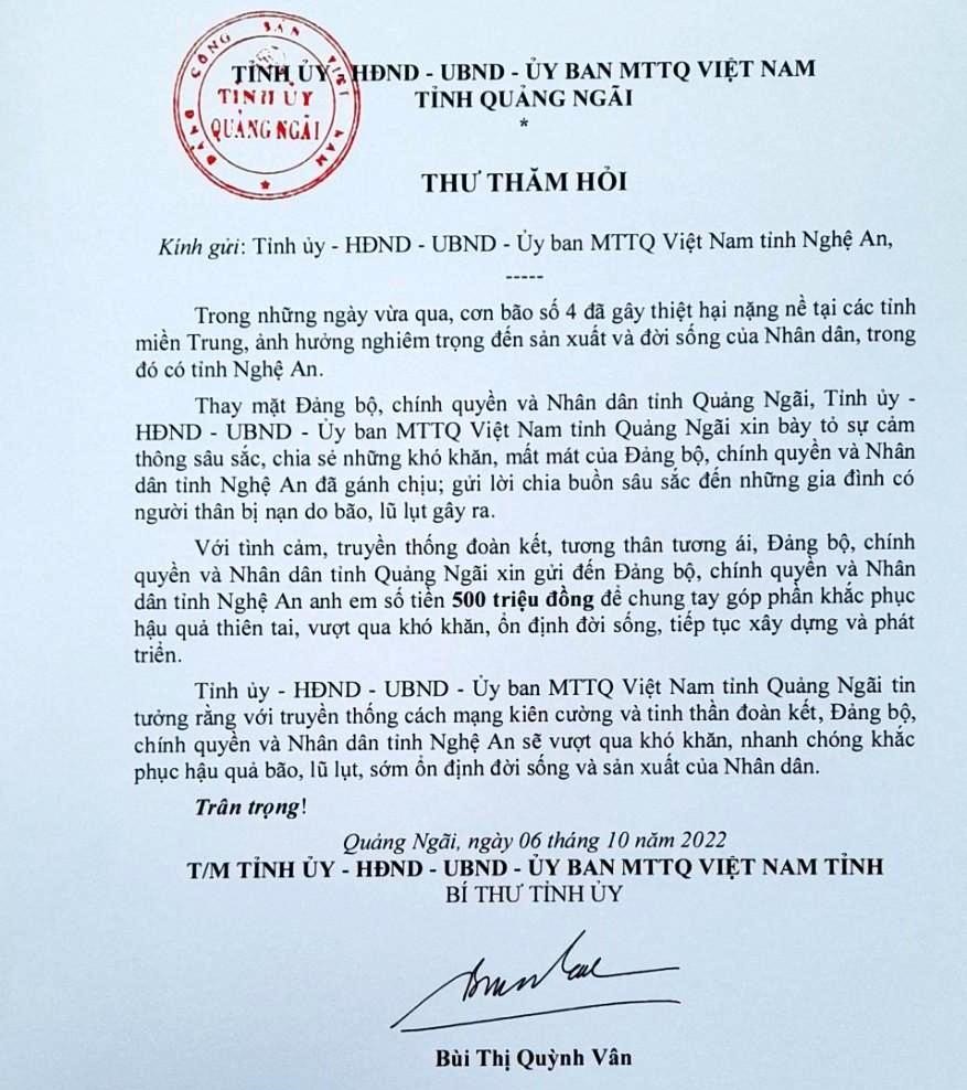 Thư thăm hỏi gửi Tỉnh ủy - HĐND - UBND - Ủy ban MTTQ Việt Nam tỉnh Nghệ An.