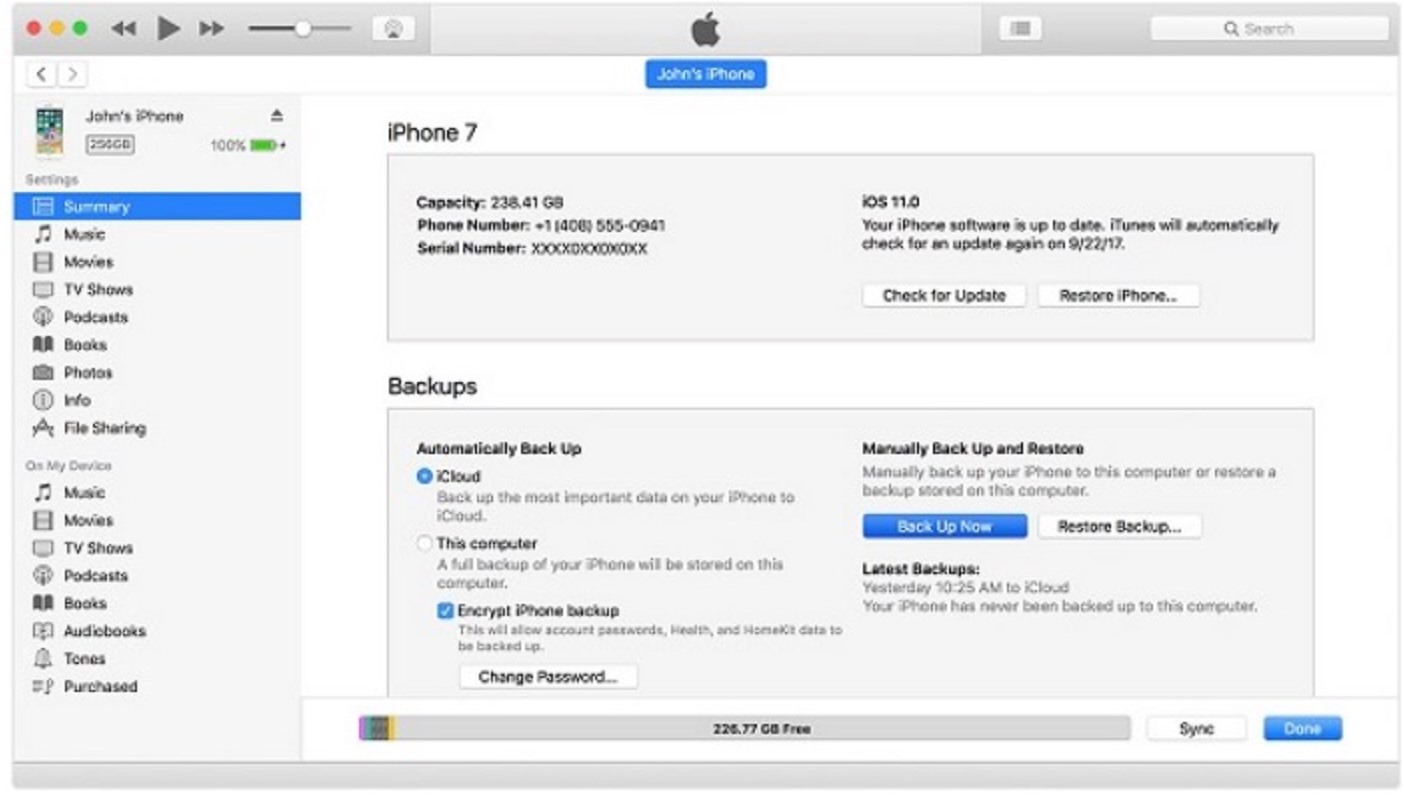 Sao lưu dữ liệu của iPhone cũ qua iTunes. Ảnh chụp màn hình