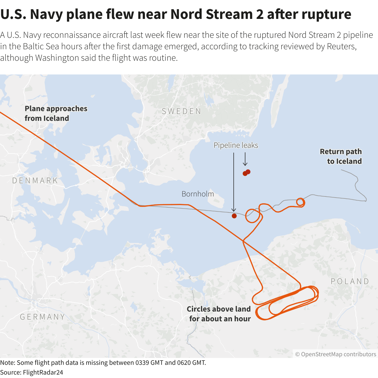 Đường bay của máy bay P-8A Poseidon của Hải quân Mỹ ngày đường ống Nord Stream phát nổ. Ảnh chụp màn hình