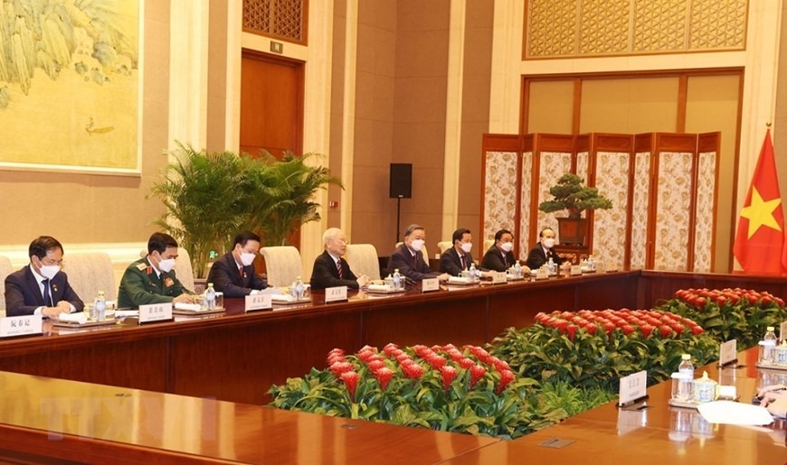 Toàn cảnh cuộc hội kiến giữa Tổng Bí thư Nguyễn Phú Trọng và Thủ tướng Trung Quốc Lý Khắc Cường. Ảnh: TTXVN