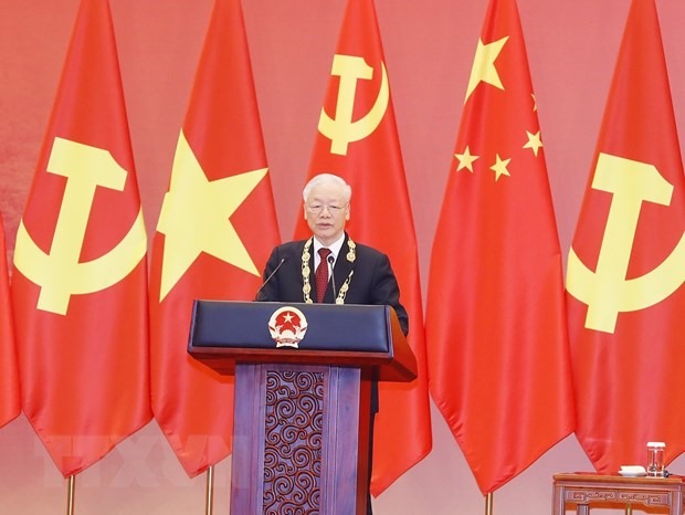 Tổng Bí thư Nguyễn Phú Trọng phát biểu sau khi đón nhận Huân chương Hữu nghị của Cộng hoà nhân dân Trung Quốc do Tổng Bí thư, Chủ tịch Trung Quốc Tập Cận Bình trao tặng. Ảnh: TTXVN