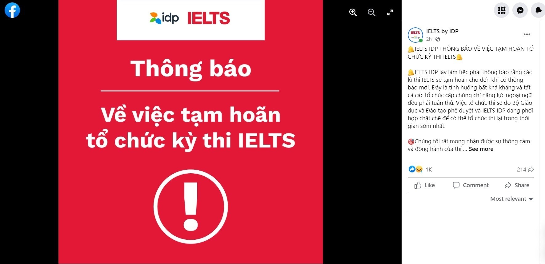 Sau Hội đồng Anh, IDP cũng thông báo tạm hoãn tổ chức kỳ thi IELTS.
