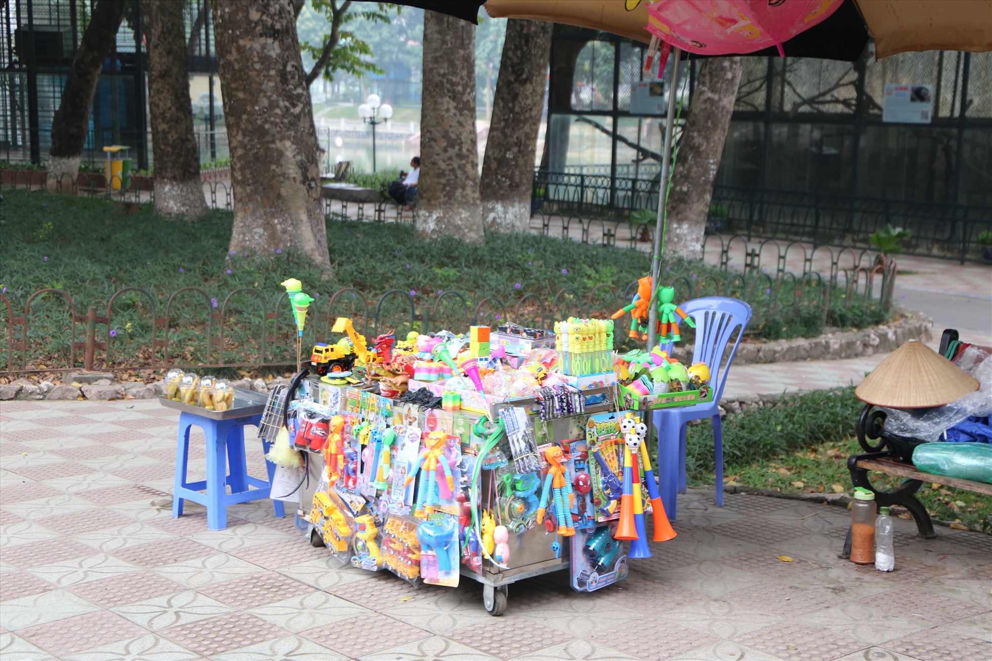 Nhiều đồ chơi được bày bán tràn lan ở vỉa hè trong Công viên Thủ Lệ.